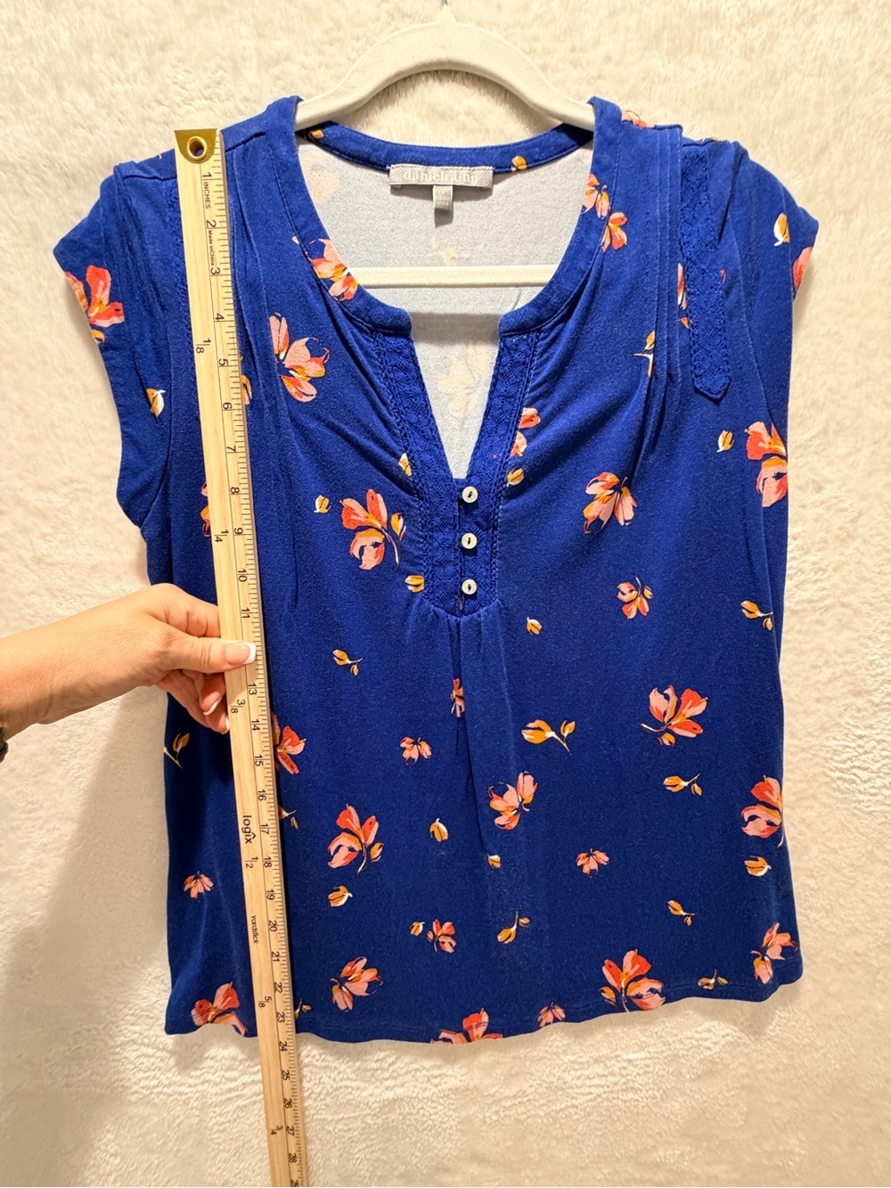 Daniel Rainn Floral Blouse Blue Lace Trim Stretch Knit Top Small - Picture 9 of 11